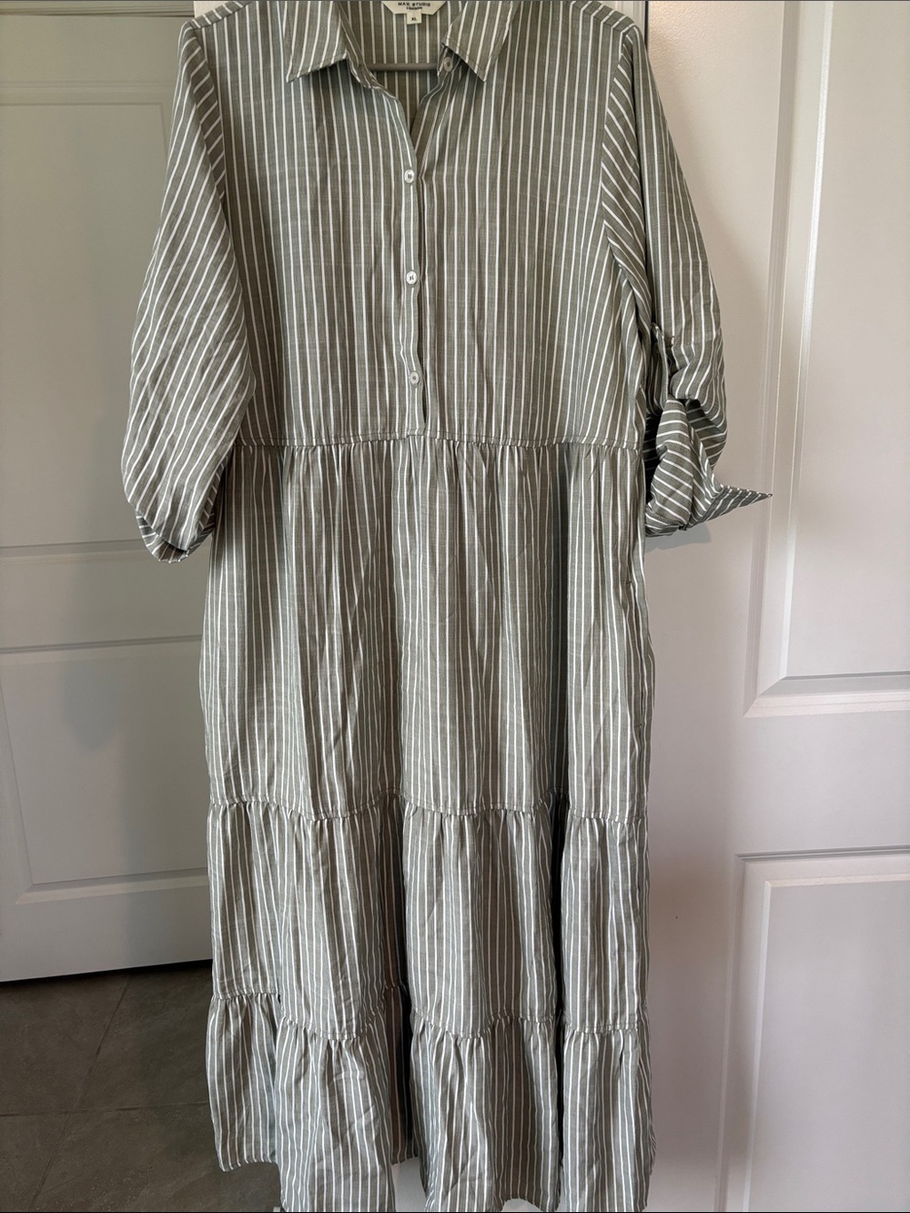 Max Studio Sage Green and White Striped Maxi Shirt Dress
